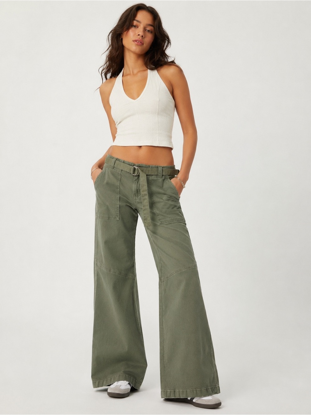 Paris Blues Olive Green Utility Wide Leg Cargo Pants Belted Size 7 Y2K
